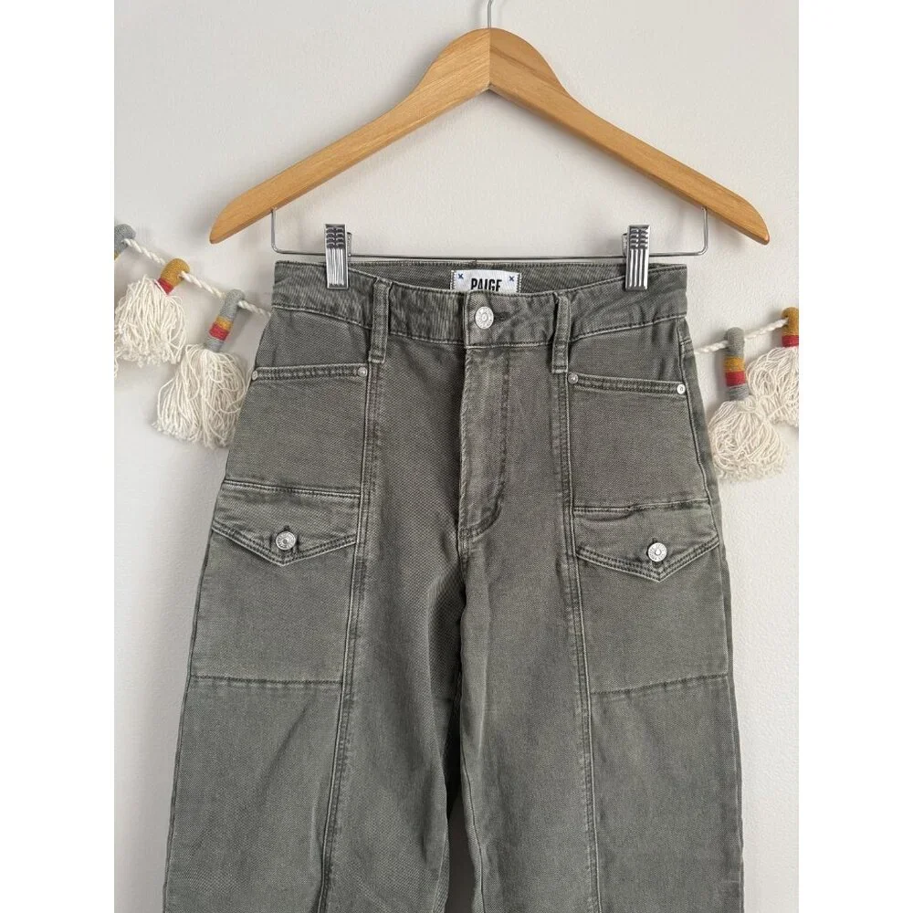 Paige Alexis Cargo Barrel Leg In Vintage Ivy Green Jeans Cotton Blend Denim 25 - Picture 4 of 12